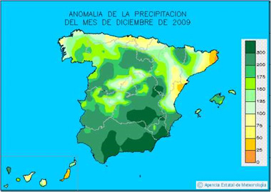 Precipitación acumulada en España en diciembre de 2009