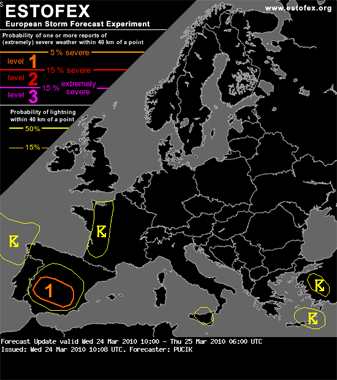 Mapa de probabilidades de tormentas severas, por ESTOFEX