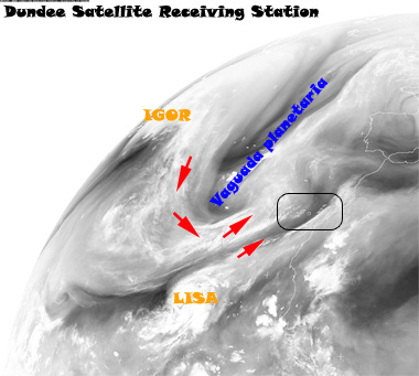 Imagen en modo visible de la borrasca atlántica que dejará las lluvias en Canarias. Satélite Meteosat-9, 29.10.12, 12 UTC.