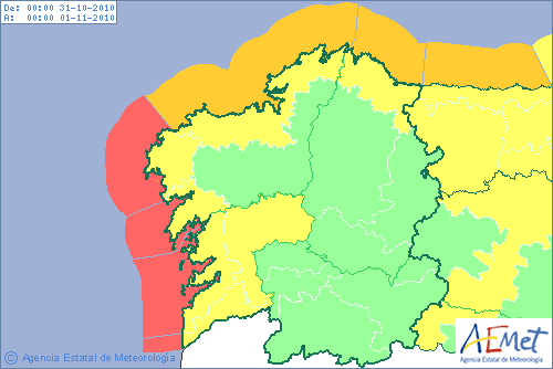 Mapa de alertas previstas para mañana en Galicia. Fuente: AEMET.