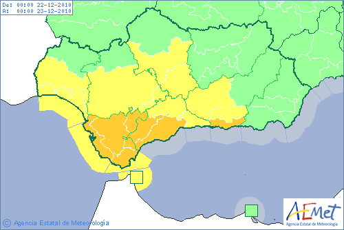 Mapa de alertas meteorológicas para Andalucía, previstas para mañana 22.12.10 por AEMET.