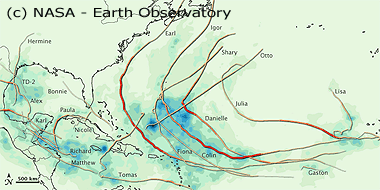 Mapa de la precipitación acumulada dejada por los ciclones tropicales atlánticos de 2010