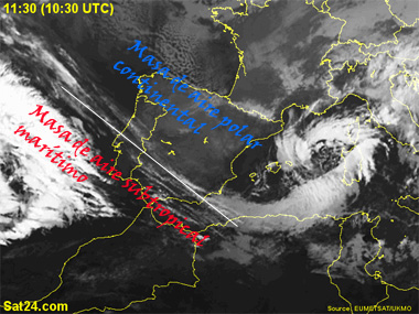 Imagen en modo infrarrojo centrada en la Península Ibérica, 10:30 UTC. Crédito: Sat24.com/EUMETSAT/UKMO