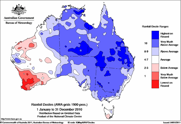 Anomalías de precipitación registradas para el conjunto del año 2010 en Australia.