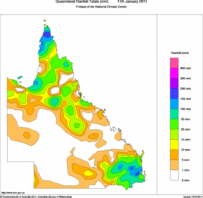 Precipitaciones acumuladas en 24 horas en el estado de Queensland.
