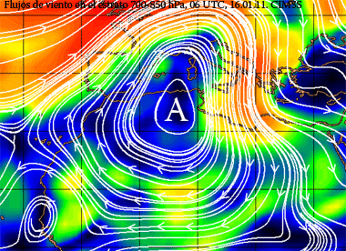 Flujo de viento en el estrato 700 - 850 hPa, 06 UTC, 16.01.11. Crédito: CIMSS.