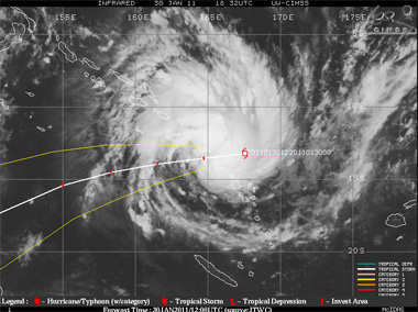 Ciclón tropical YASI entrando en el Mar de Coral en el Pacífico Sur.