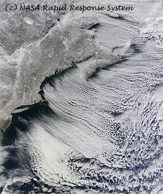 Imagen de alta resolución en la que se aprecian los callejones de nubes cumuliformes. Crédito: NASA.