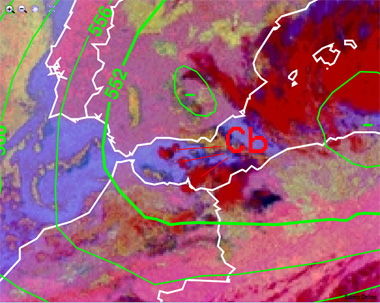 Imagen del satélite en modo infrarrojo y falso color RGB, y altura geopotencial de los 500 hPa, 00:00 UTC de hoy.