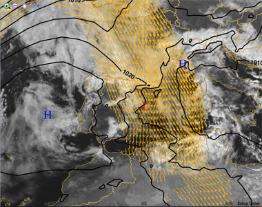 Imagen multicapa compuesta por: mapa isobárico de superficie + campo de vientos a 300 hPa + imagen visible, a las 12 UTC.