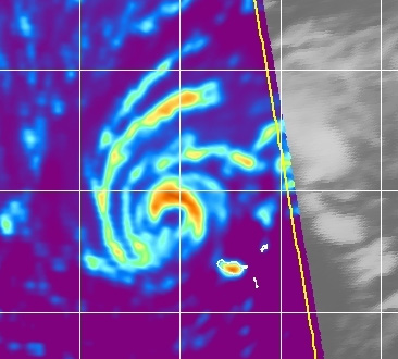 Imagen centrada sobre el sistema, falso color RGB brillo topes nubosos, 10.03.11, 19 UTC.