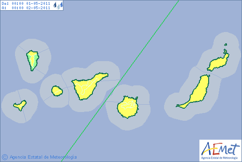 Mapa de alertas por lluvias (13:30 UTC) previsto para mañana por la AEMET.