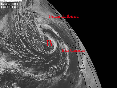 Imagen visible de la borrasca que afectará a Canarias en las próximas horas. 14:45 UTC. Crédito: NASA.