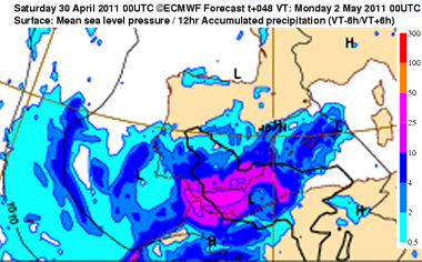 Mapa de acumulados de lluvia en 12 horas, previsto para el 02.05.11, 00 UTC. Crédito: ECMWF.