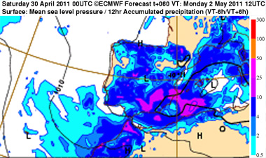 Mapa de acumulados de lluvia en 12 horas, previsto para el 02.05.11, 12 UTC. Crédito: ECMWF.