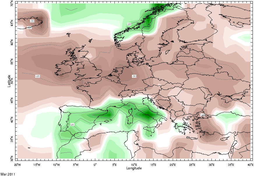 Anomalía de precipitación en Europa, marzo 2011. Crédito: NOAA - NCEP - CPC.