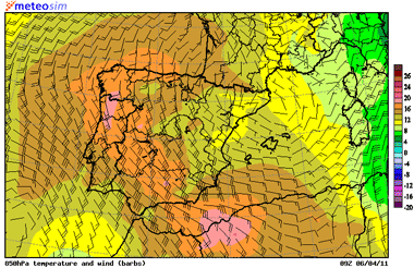 Campo de vientos y temperatura a 850 hPa, 9 UTC. 06.04.11. Crédito: MeteoSIM.
