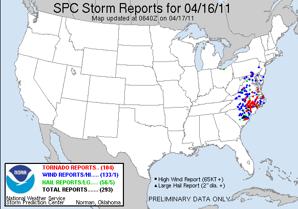 Mapa de fenómenos severos asociados a tormentas reportados ayer. Crédito: Centro de Predicción de Tormentas.