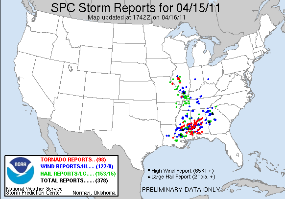 Mapa de fenómenos severos asociados a tormentas reportados el 15.04.11. Crédito: Centro de Predicción de Tormentas.