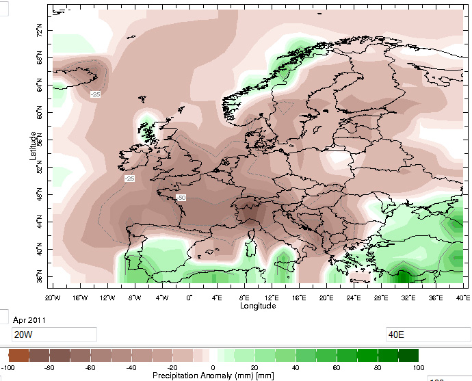 Mapa de anomalías de precipitación para el conjunto de Europa, mes de abril de 2011. Crédito: IRI.
