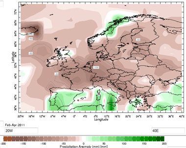 Mapa de anomalías de precipitación para el conjunto de Europa, trimestre febrero - abril 2011. Crédito: IRI.