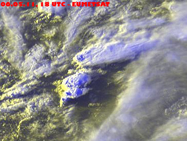 Imagen visible centrada en el sistema tormentoso, 06.05.11, 18 UTC. Crédito: EUMETSAT.-