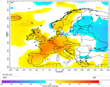 Anomalía de temperaturas para el conjunto de Europa, trimestre febrero - abril 2011. Crédito: IRI.