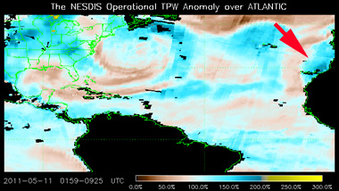 Anomalía de Agua Total Precipitable en el Atlántico Norte. Crédito: CIRA/AMSU.