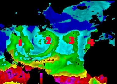 Agua Precipitable Total en el Atlántico Norte, 11.05.11, 09:25 UTC. Crédito: CIRA/AMSU.