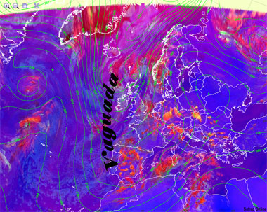 Imagen del satélite en modo infrarrojo y falso color RGB + campo de isohipsas de 500 h, 12 UTC. Crédito: SatRep.Pa (trazo verde)