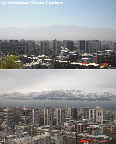 Santiago de Chile y Los Andes al fondo, en un día con alta contaminación (arriba) y un día sin contaminación y precipitaciones (abajo).