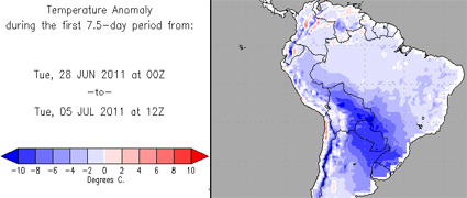 Anomalía térmica negativa estos días en Sudamérica