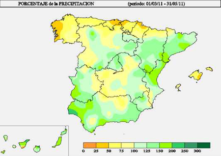 Anomalías precipitacones primavera 2011 España