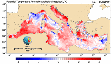 Anomalía de temperatura en el mar Mediterráneo a 1 m. de profundidad, 13.06.11. Crédito: MFS - GNOO.