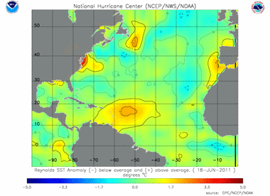 Mapa de anomalía de temperatura superficial del océano, 18.06.11. Crédito: NOAA.
