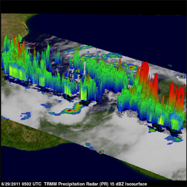 ARLENE visto a través del radar del satélite TRMM de la NASA, 29.06.11, 00 UTC. Crédito: NASA.