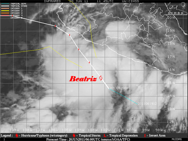 Imagen infrarroja de BEATRIZ, rumbo seguido y previsión próximos días. 20.06.11, 11:45 UTC. Crédito: CIMSS.