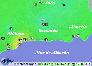 Temperaturas mínimas de la red meteoclimatic para Andalucía Oriental, 14.06.11.