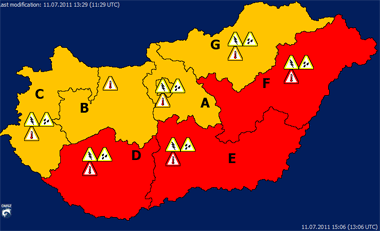 Mapa de alertas meteorológicas de Hungría, 11.07.11, 13:21 UTC. Crédito: Servicio Meteorológico Húngaro.
