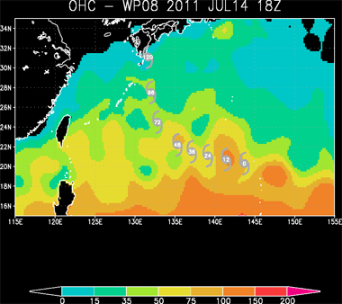 Mapa de OHC (Ocean Heat Content) en el Pacífico Oeste, 14.07.11, 18 UTC.