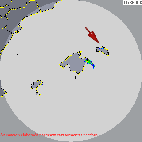 Animación de imágenes del radar balear entre las 11:30 y las 14:30 UTC, 26.07.11. Crédito: AEMET