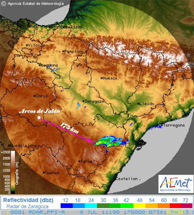 Imagen del radar meteorológico de Zaragoza, 09.07.11, 17:50 UTC.