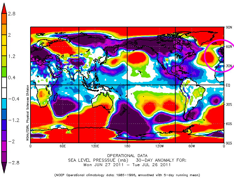 Anomalía de presión en superficie durante los últimos 30 días. Crédito: NCEP.