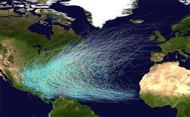 Ciclones tropicales en el Atlántico desde 1850 hasta 2005. Crédito: NASA.