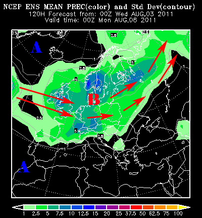 Acumulados medios de precipitación (colores) y desviación (líneas) previstos para el 08.08.11, 00 UTC.