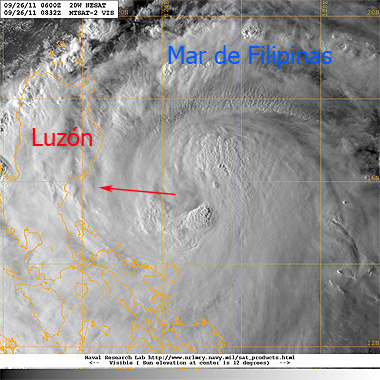 Imagen visible del tifón NESAT, 26.09.11, 08:32 UTC. Crédito: NRL.