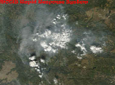 Focos de incendio activos en Galicia. Satélite TERRA (sensor MODIS). Crédito: NASA.