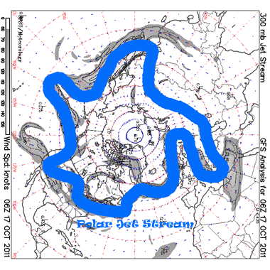 Posición e intensidad de la corriente en chorro polar, análisis de las 6 UTC por el modelo GFS.