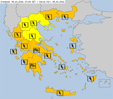 Alertas meteorológicas fundamentalmente por tormentas en Grecia. Crédito: MeteoAlarm.