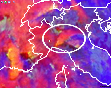 Imagen infrarroja y falso color RGB que muestra topes nubosos muy fríos.